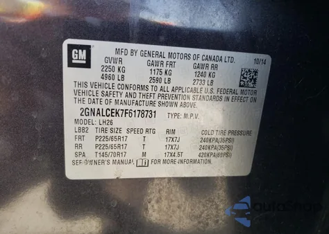 2015 Chevrolet Equinox Lt z USA, uszkodzony, nr VIN 2GNALCEK7F6178731